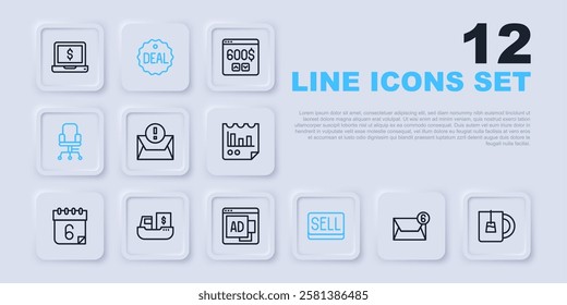 Set line Mail and e-mail, Cup of tea, Envelope, Sell button, Office chair, Cargo ship with boxes delivery, Deal and Advertising icon. Vector