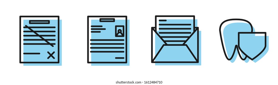 Set line Mail and e-mail, Delete file document, Personal document and Tooth with shield icon. Vector