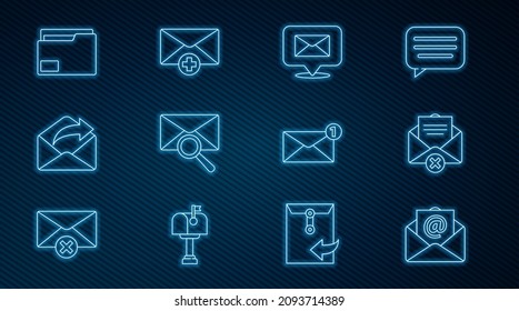 Set line Mail and e-mail, Delete envelope, Speech bubble with, Envelope magnifying glass, Outgoing, Document folder,  and Received message concept icon. Vector