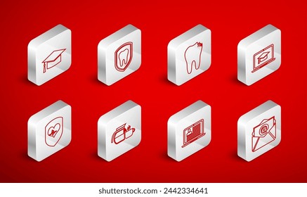 Set line Mail and e-mail, Dental protection, Broken tooth, Graduation cap laptop, Laptop with resume, Coffee pot cup and Shield heart rate icon. Vector