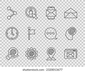 Set line Mail and e-mail in hand, Website envelope, Mobile, Share, Location marker,  and  icon. Vector