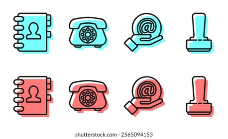 Set line Mail and e-mail in hand, Address book, Telephone and Stamp icon. Vector