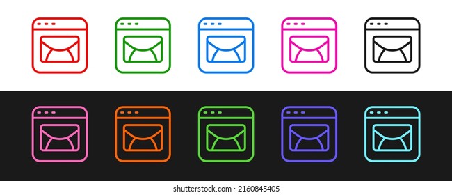 Establece la línea Correo y el icono de correo electrónico aislados en fondo blanco y negro. Correo electrónico con símbolo de sobres. Señal de mensaje de correo electrónico.  Vector