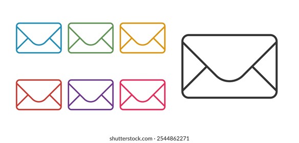 Definir linha Ícone de email e email isolado no plano de fundo branco. E-mail com símbolo de envelope. Sinal de mensagem de email. Defina os ícones com cores. Vetor