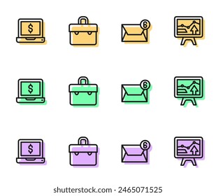 Set line Mail and e-mail, Laptop with dollar, Briefcase and Monitor graph chart icon. Vector