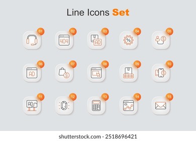 Set line Mail and e-mail, Market analysis, Calculator, Diamond, Advertising, Mobile with dollar, Consumer product rating and  icon. Vector