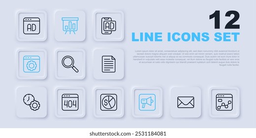 Set line Mail and e-mail, Market analysis, Magnifying glass, Megaphone, Browser setting, Page with 404 error, Board graph chart and  icon. Vector