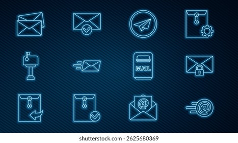 Defina a linha E-mail e e-mail, senha de bloqueio de mensagem, Plano de papel, Envelope expresso, caixa, Envelope e ícone de marca de seleção. Vetor