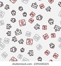 Setzen Sie die Linie Mail und E-Mail, Mobile mit Dollar, Megaphone und Infografik der Stadtplan auf nahtlose Muster. Vektorgrafik