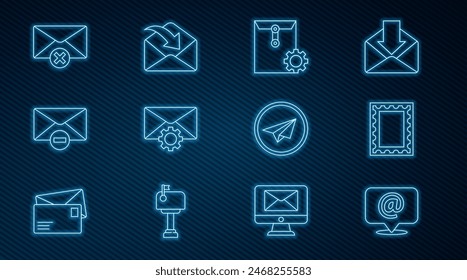 Set line Mail and e-mail on speech bubble, Postal stamp, Envelope setting, Delete envelope, Paper plane and  icon. Vector