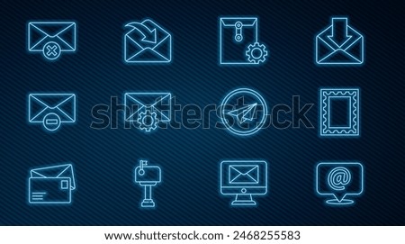 Set line Mail and e-mail on speech bubble, Postal stamp, Envelope setting, Delete envelope, Paper plane and  icon. Vector