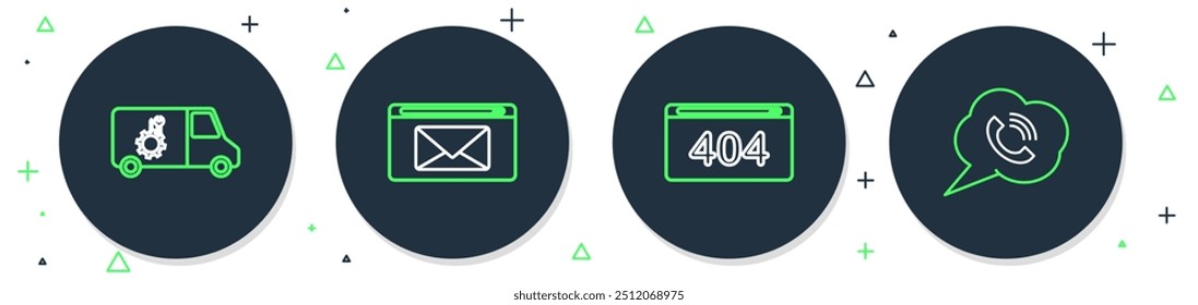 Establecer línea de correo y correo electrónico, página con error 404, servicio de coche y el icono de llamada telefónica de burbuja de voz. Vector