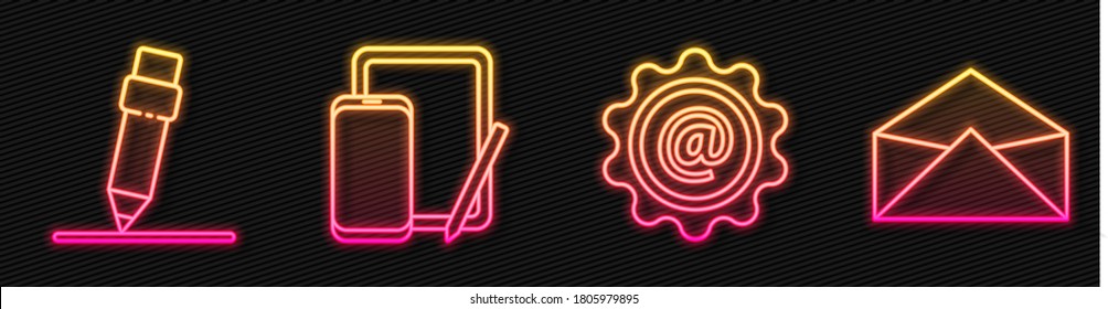 Set line Mail and e-mail, Pencil with eraser, Phone and graphic tablet and Envelope. Glowing neon icon. Vector