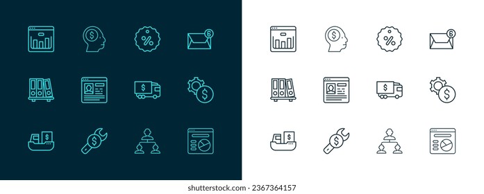 Set line Mail and e-mail, Repair price, Armored truck, Employee hierarchy, Resume, Discount percent tag, Browser with stocks market and Business man planning mind icon. Vector