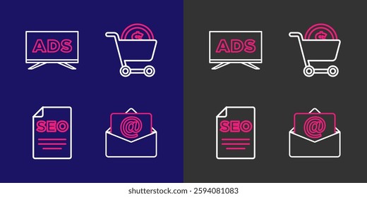 Set line Mail and e-mail, SEO optimization, Shopping cart dollar and Advertising icon. Vector