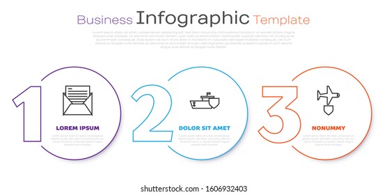 Set line Mail and e-mail, Ship with shield and Plane with shield. Business infographic template. Vector