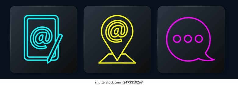 Set line Mail and e-mail, Speech bubble chat and Location and mail and e-mail. Black square button. Vector