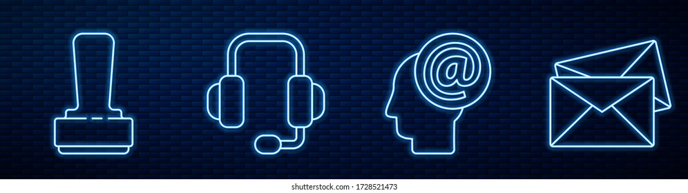 Establece la línea Correo y correo electrónico, Sello, audífonos y sobres. Icono de neón brillante en la pared de ladrillo. Vector