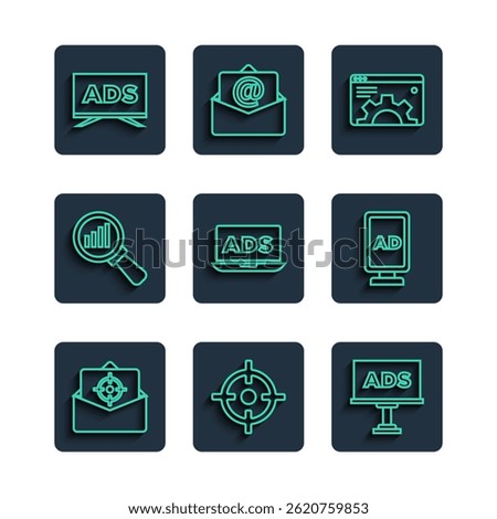 Set line Mail and e-mail, Target sport, Advertising, Browser setting, Magnifying glass analysis,  and  icon. Vector