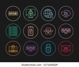 Set line Mail message lock password, Password protection, Global lockdown, Mobile with closed padlock, Server, Data, Web Hosting, Spam, Incognito mode and Monitor exclamation mark icon. Vector