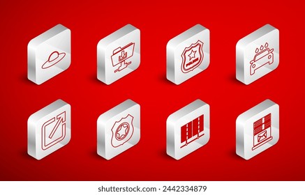 Set line Mail server, FTP folder download, Police badge, Car wash, Server, Data, Web Hosting, UFO flying spaceship,  and Open new window icon. Vector