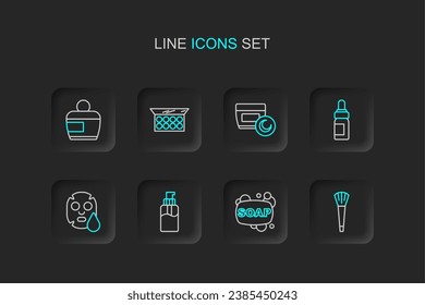 Set line Makeup brush, Bar of soap, Bottle liquid, Facial cosmetic mask, Essential oil bottle, Cream or lotion tube, powder with mirror and  icon. Vector