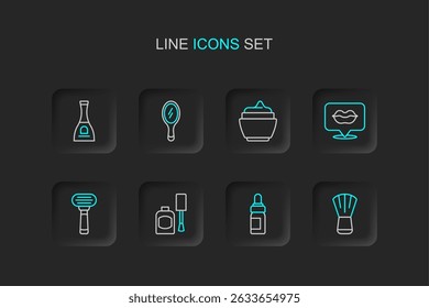 Set line Makeup brush, Essential oil bottle, Bottle of nail polish, Shaving razor, Smiling lips, Cream lotion cosmetic tube, Hand mirror and  icon. Vector