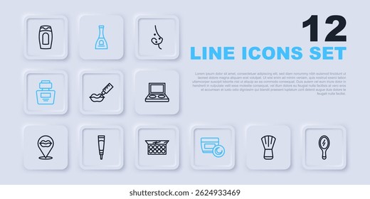 Set line Makeup brush, Hand mirror, Lip augmentation, Cream lotion cosmetic tube, Perfume, Bottle of nail polish and powder with icon. Vector