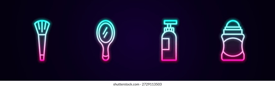 Set línea de cepillo de maquillaje, espejo de mano, botella de champú y rollo desodorante. Icono de neón brillante. Vector