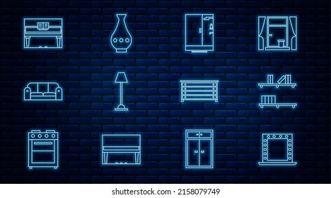 Set line Makeup mirror with lights, Shelf books, Shower cabin, Floor lamp, Sofa, Grand piano, Chest drawers and Vase icon. Vector