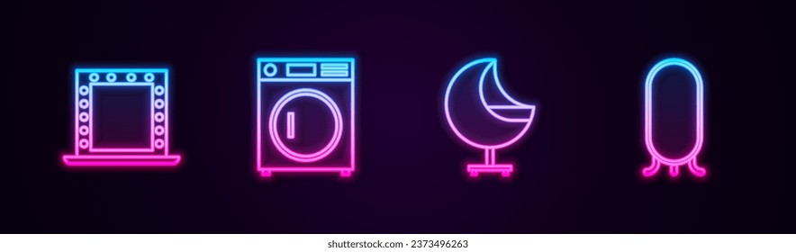 Set line Makeup mirror with lights, Washer, Armchair and Big full length. Glowing neon icon. Vector