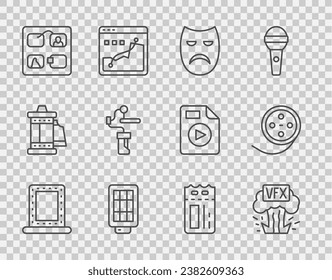 Set line Makeup mirror with lights, VFX, Drama theatrical mask, Softbox, Storyboard, Gimbal stabilizer for camera, Cinema ticket and Film reel icon. Vector