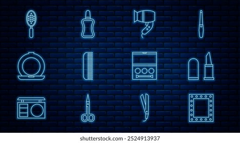 Espejo de maquillaje con luces, lápiz labial, secador de pelo, cepillo de pelo, polvo, paleta de sombra de ojos e icono de botella de esmalte de uñas. Vector