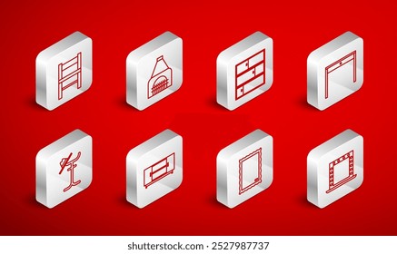 Set line Makeup mirror with lights, Interior fireplace, Shelf, Wooden table, Picture, Chair, TV stand and Coat icon. Vector