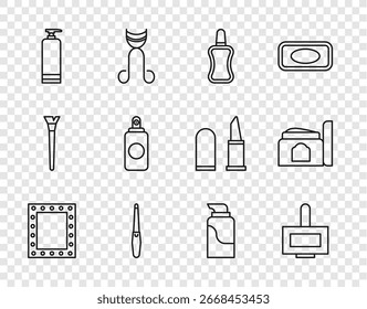 Definir linha espelho de maquiagem com luzes, garrafa de esmalte de unha, arquivo, tubo cosmético Creme, lata de spray, e ícone. Vetor