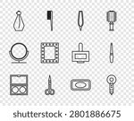Set line Makeup powder with mirror, Hair dryer, Eyebrow tweezers, Scissors, Perfume, lights, Bar of soap and Nail file icon. Vector