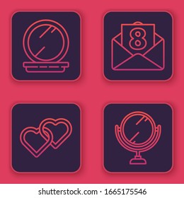 Set line Makeup powder with mirror, Two Linked Hearts, Envelope with 8 March and Round makeup mirror. Blue square button. Vector