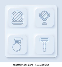 Set line Makeup powder with mirror, Round makeup mirror, Hairdresser pistol spray bottle and Shaving razor. White square button. Vector