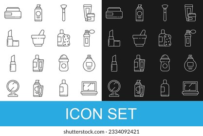 Set line Makeup powder with mirror, Perfume, brush, Mortar and pestle, Lipstick, Cream lotion cosmetic tube and Bottle of shampoo sponge icon. Vector