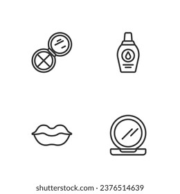 Set Line Make up Pulver mit Spiegel, Lächeln Lippen, und Flasche Shampoo-Symbol. Vektorgrafik