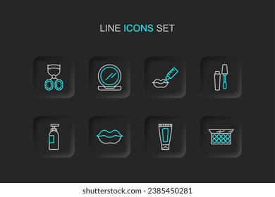 Set line Makeup powder with mirror, Cream lotion cosmetic tube, Smiling lips, Bottle of shampoo, Mascara brush, Lip augmentation,  and Eyelash curler icon. Vector