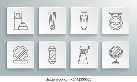 Set line Makeup powder with mirror, Classic Barber shop pole, Hairdresser pistol spray bottle, Round makeup, Electrical clipper shaver, Barbershop and Shaving gel foam icon. Vector