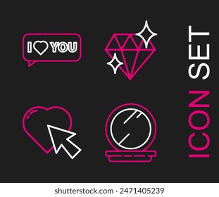 Set line Makeup powder with mirror, Heart and cursor click, Diamond and Speech bubble I love you icon. Vector