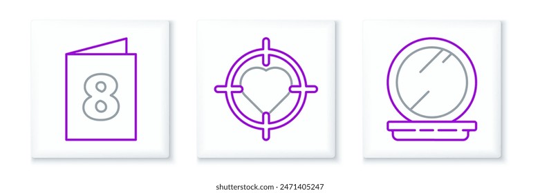 Set line Makeup powder with mirror, Greeting card 8 March and Heart the center of target aim icon. Vector