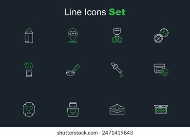 Set line Makeup powder with mirror, Acne, Perfume, Facial cosmetic mask, Cream lotion tube, Pipette oil, Lip augmentation and brush icon. Vector