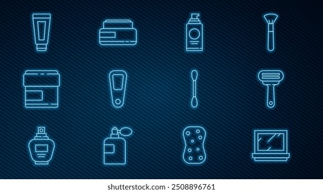 Set line Maquiagem em pó com espelho, Barbeador de barbear, Lata de spray para spray de cabelo, Mão, Creme tubo cosmético loção, Algodão orelhas swab e ícone. Vetor