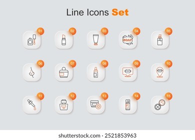 Set line Makeup powder with mirror, Shaving gel foam, Sunscreen cream tube, Perfume, Pipette oil, Smiling lips,  and Essential bottle icon. Vector