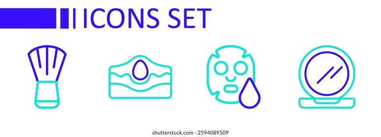 Set line Makeup powder with mirror, Facial cosmetic mask, Acne and brush icon. Vector