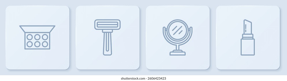 Set line Makeup powder with mirror, Round makeup, Shaving razor and Lipstick. White square button. Vector