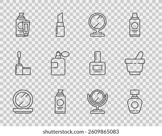 Set line Makeup powder with mirror, Perfume, Round makeup, Spray can for hairspray, Cream lotion cosmetic tube,  and Mortar and pestle icon. Vector